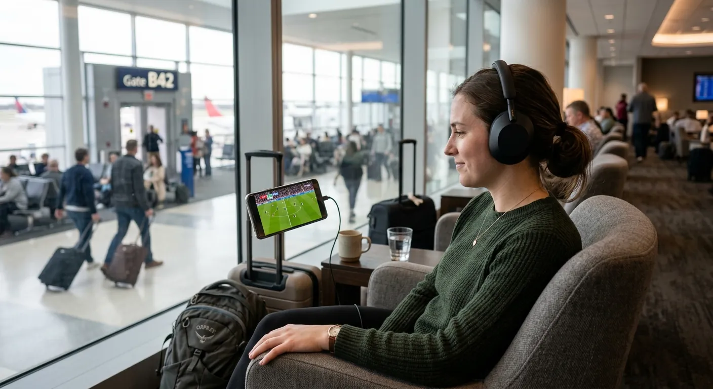 A traveler watching a live match on a phone while waiting at an airport gate