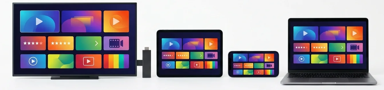 A smart TV, streaming stick, tablet, smartphone and laptop showing the same streaming app