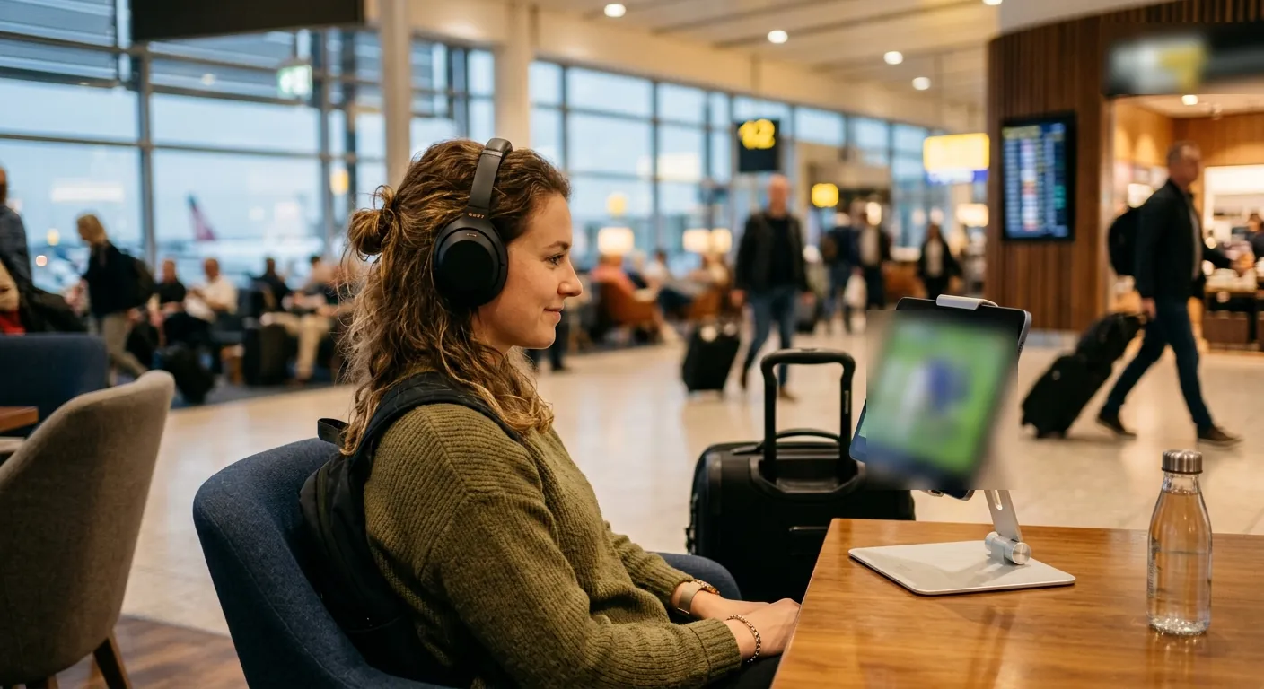 A traveler watching a live match on a phone while waiting at an airport gate