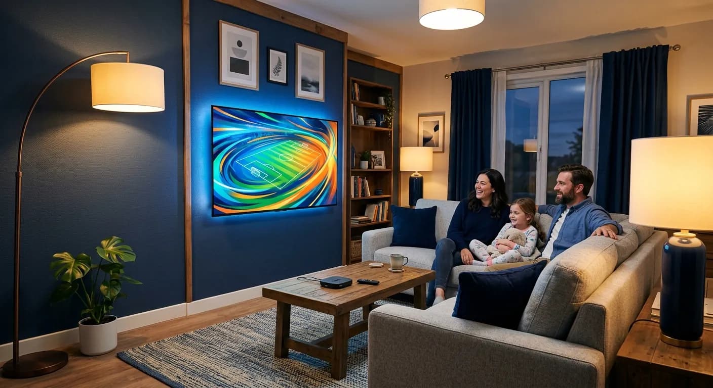 A family laughing together on the sofa while watching live sports on a 4K TV