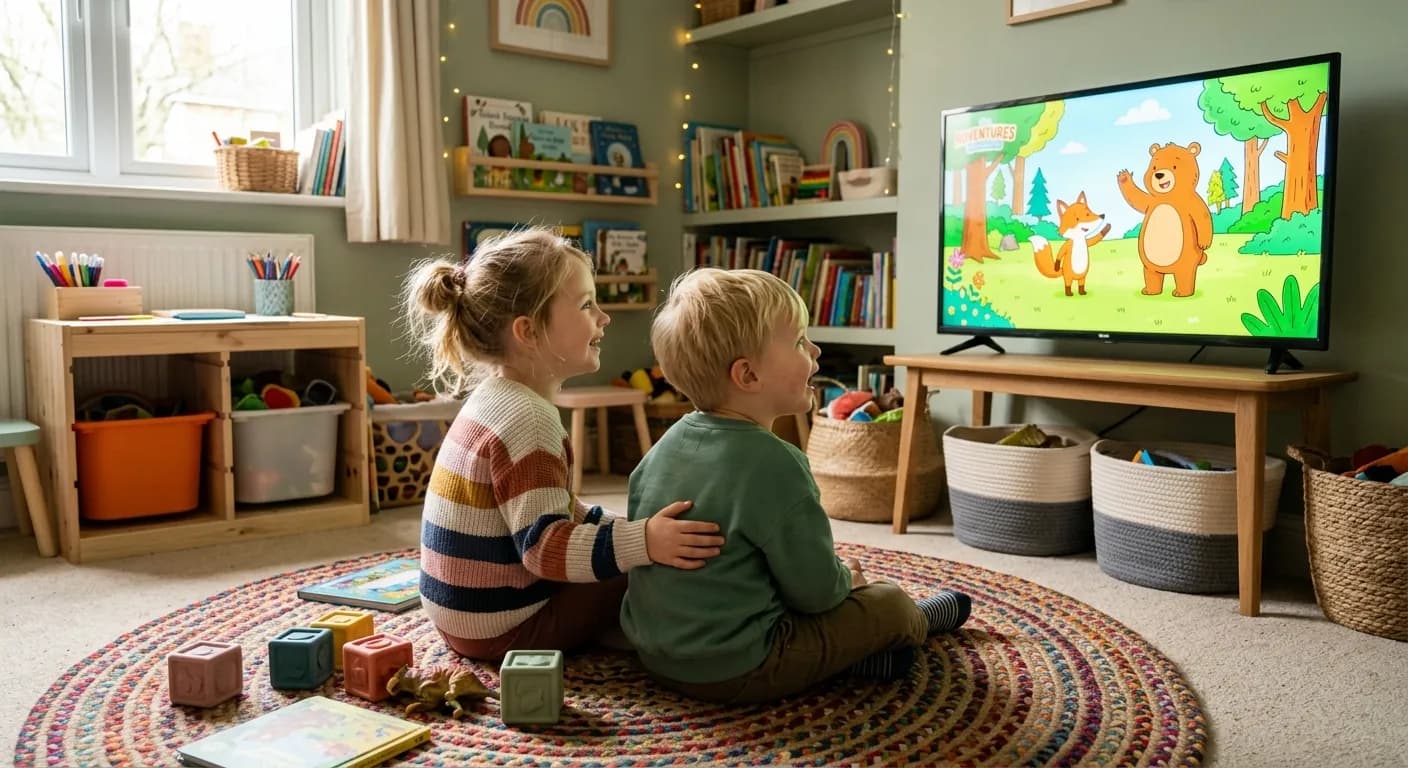 Two young children watching a cartoon on TV in their playroom