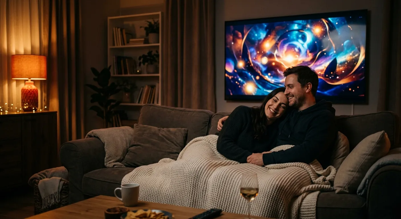 A couple relaxing on the sofa watching a big TV at night