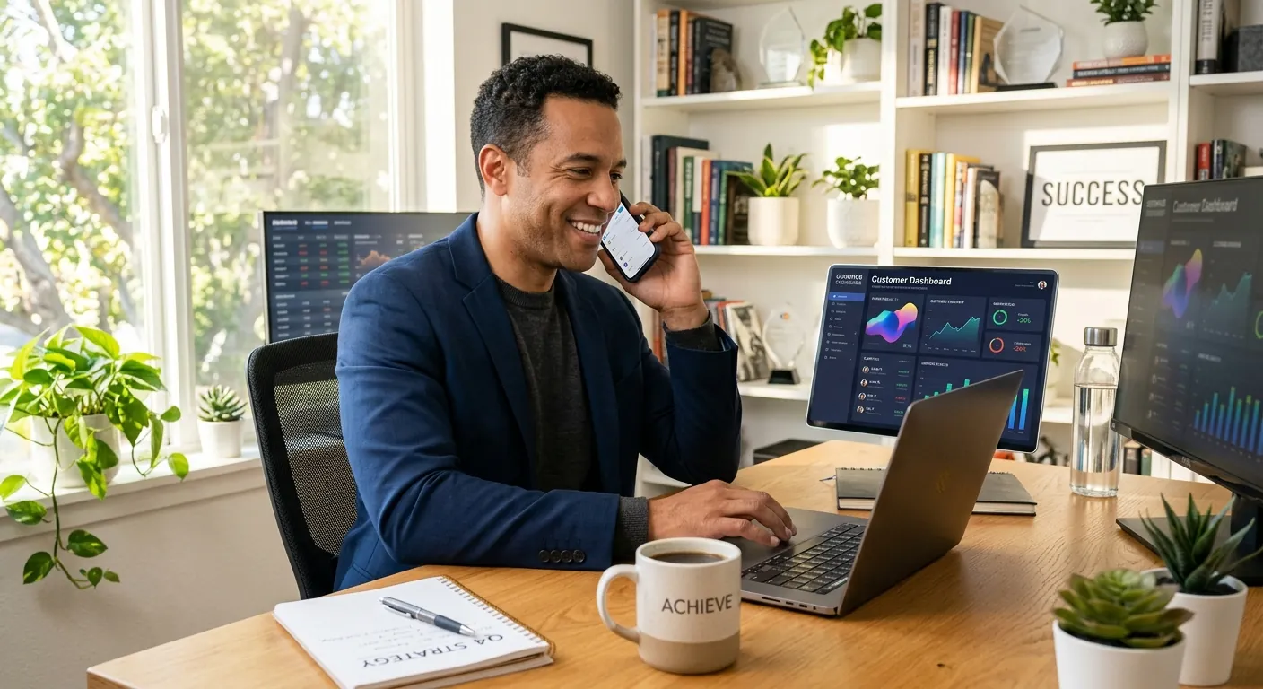 A smiling entrepreneur on a phone call at a desk with a customer dashboard on screen