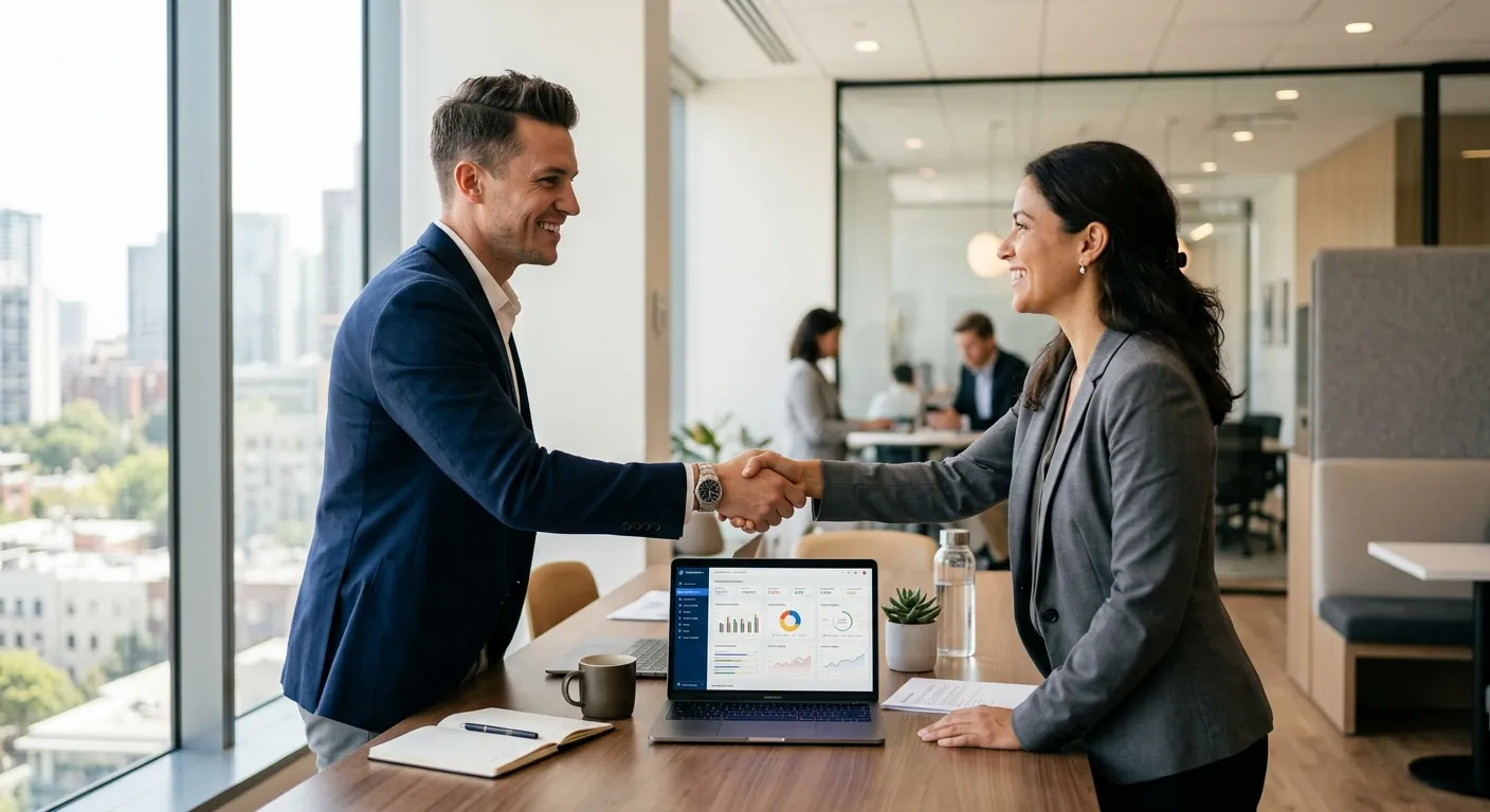 Two business partners shaking hands over a laptop showing a sales dashboard