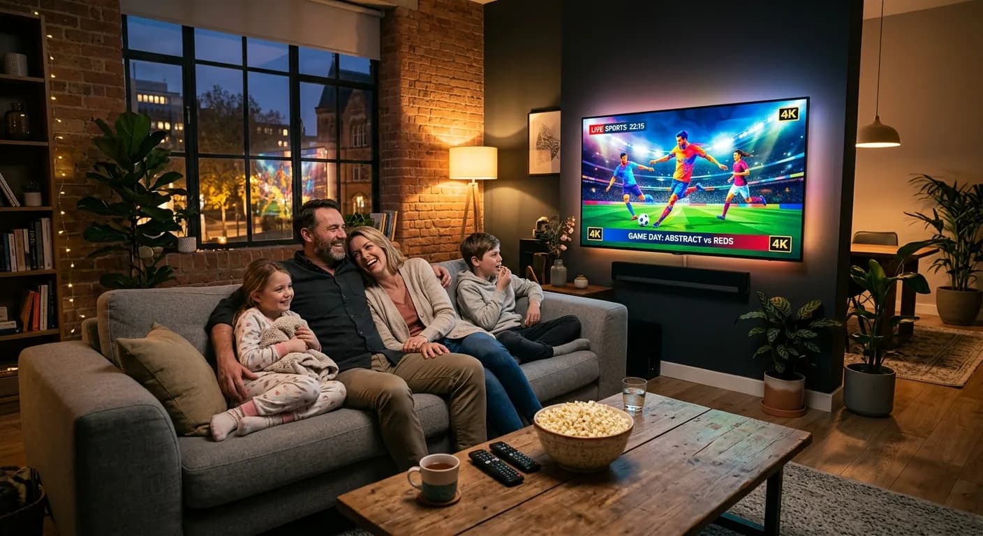 A family laughing together on the sofa while watching live sports on a 4K TV