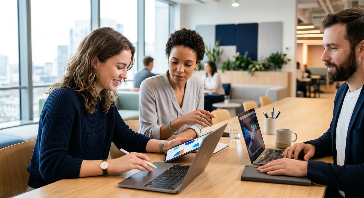 Three colleagues reviewing sales charts together on a laptop and a tablet