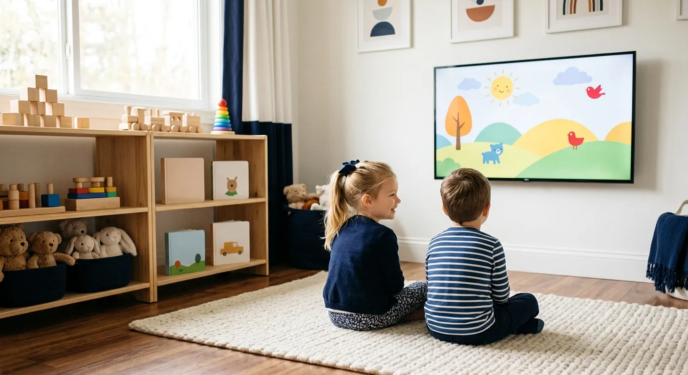 Two young children watching a cartoon on TV in their playroom
