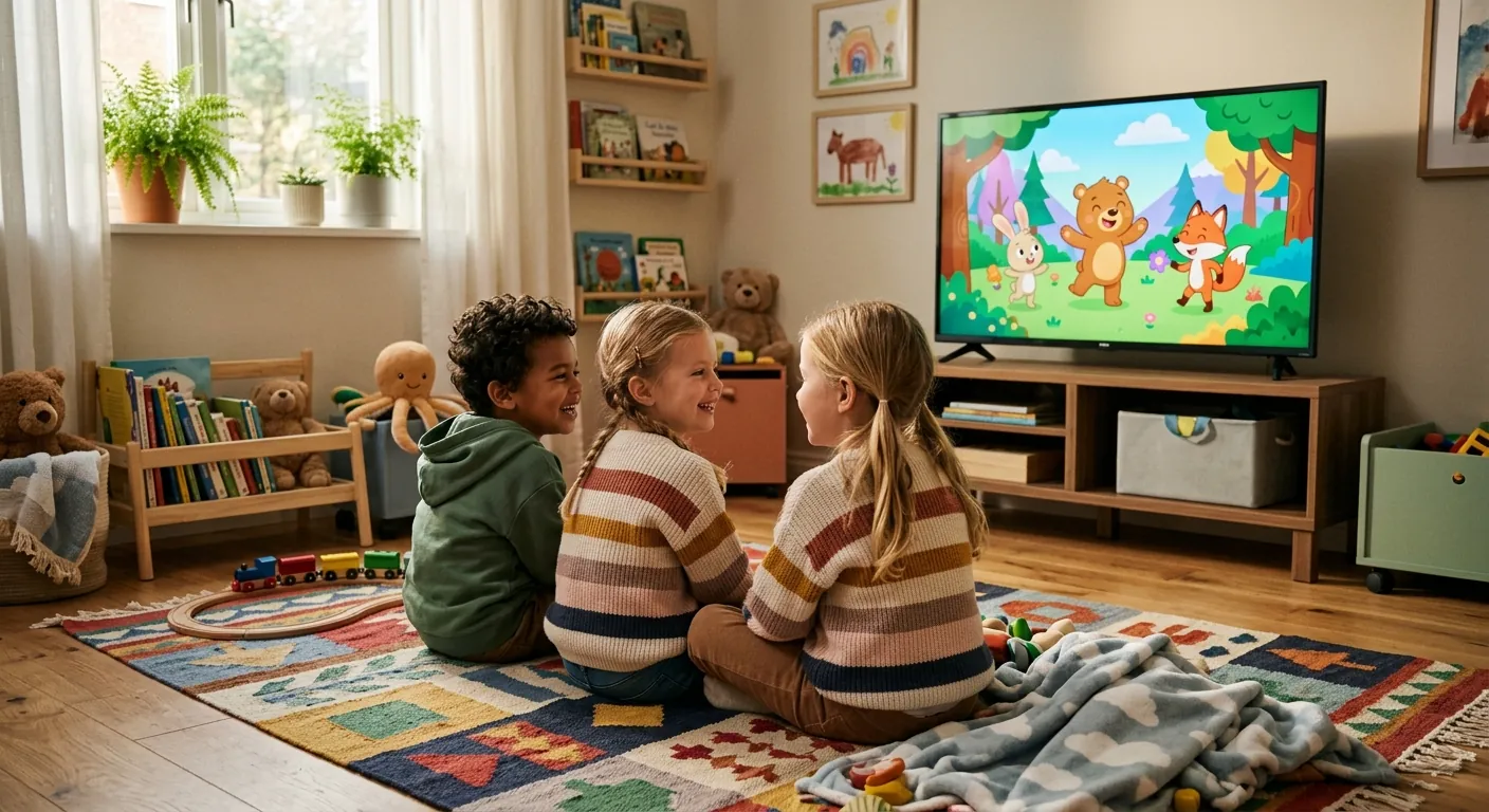 Three children laughing together while watching a cartoon on a TV in their playroom