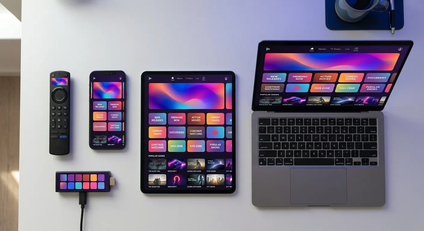A remote, phone, tablet, laptop and streaming stick all showing the same streaming app