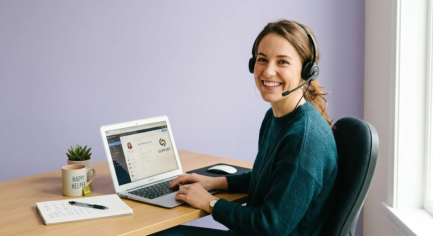 A smiling support agent wearing a headset at a laptop