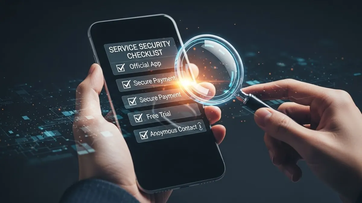 A person using a checklist on their phone to safely evaluate an independent IPTV service in the USA, checking for security and payment safety.
