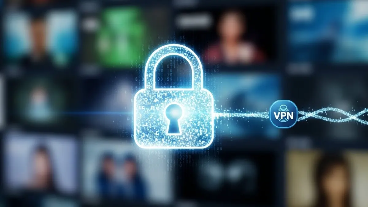A glowing digital padlock and VPN icon symbolizing the importance of online security and privacy when using a cheap IPTV service.