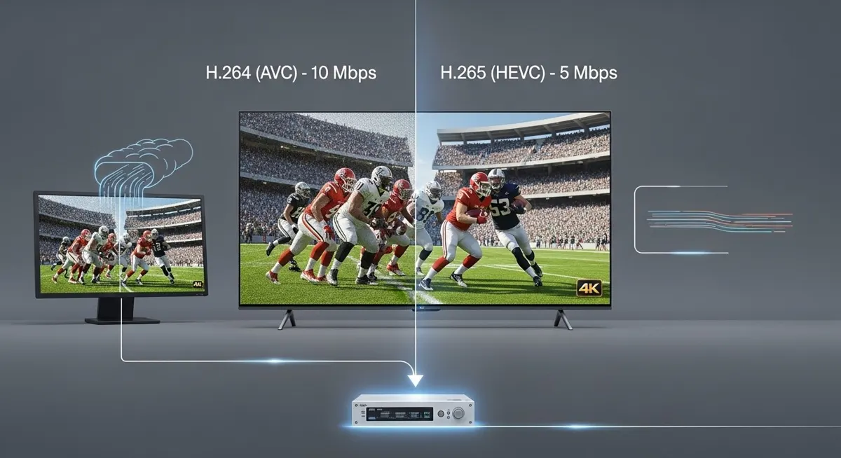 A split-screen comparison infographic showing a higher-quality video feed with lower bandwidth usage for H.265 vs H.264 encoding.