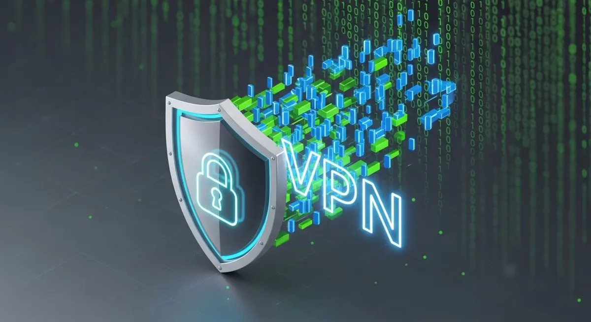 3D conceptual illustration of a VPN shield protecting streaming data from ISP throttling.