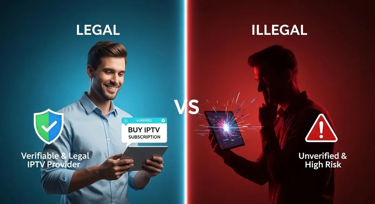 A comparative illustration contrasting a secure, legal IPTV provider on the left with a risky, glitching unverified service on the right.