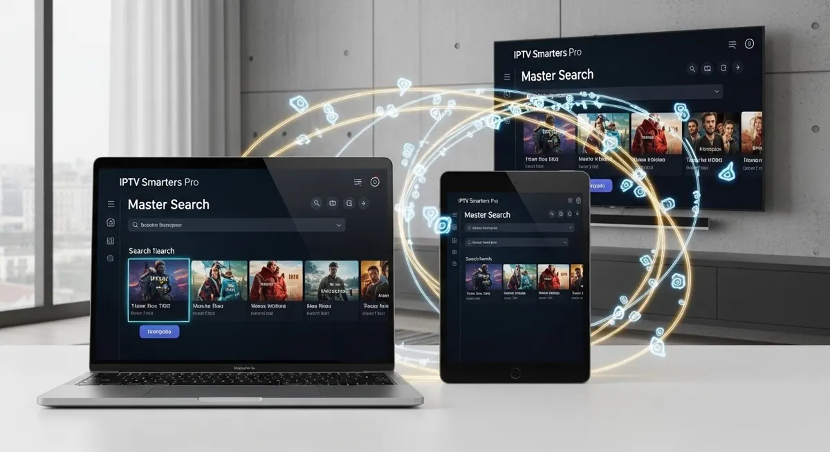 A composite shot of a MacBook, iPad, and a large mounted Smart TV, all displaying the IPTV Smarters Pro app’s identical interface and Master Search feature, connected by glowing holographic data lines.