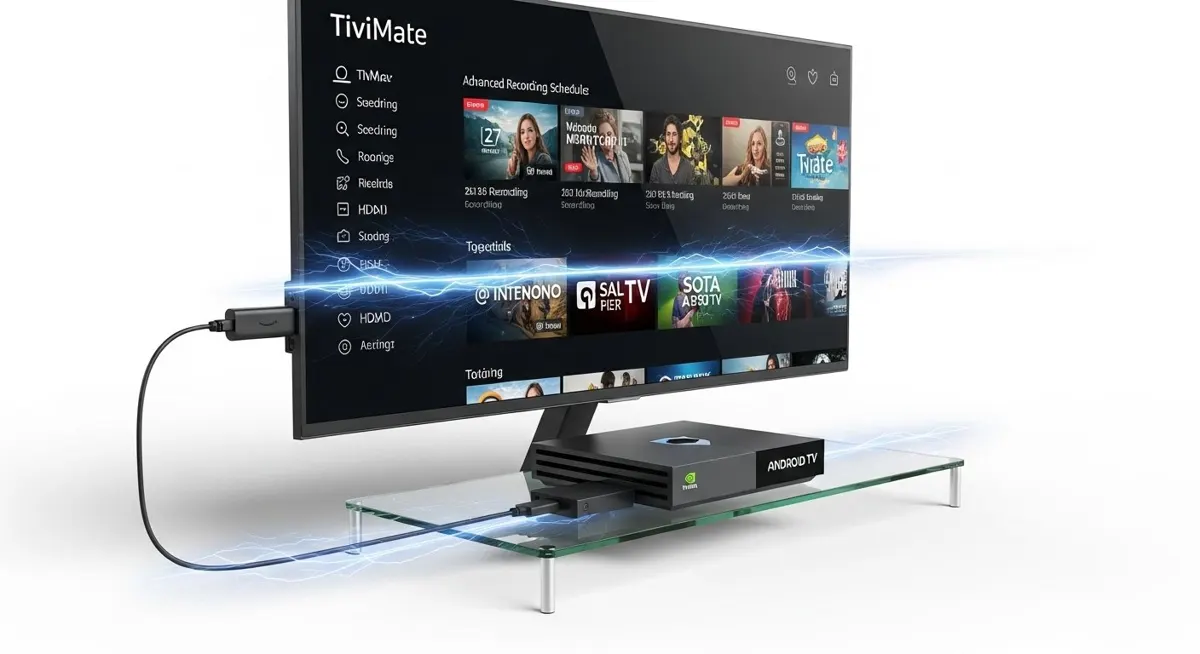 A close-up view of an Amazon Firestick and Nvidia Shield connected to a TV screen, which displays the TiviMate player interface’s advanced recording schedule, with flowing blue data graphics symbolizing optimized performance.