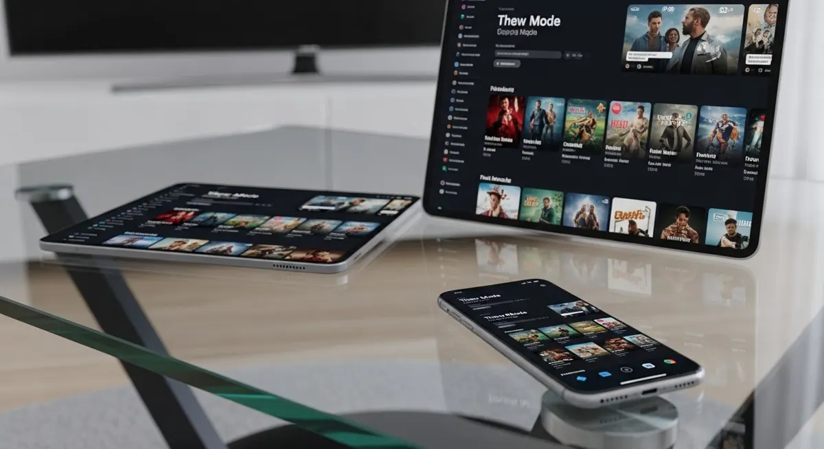 Multiple digital devices, including a smartphone, tablet, and smart TV, displaying various applications used to access premium IPTV providers.