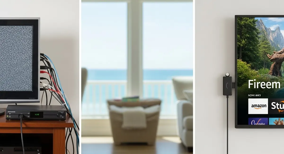 Comparison between traditional cable TV setup and IPTV streaming device in Florida home.