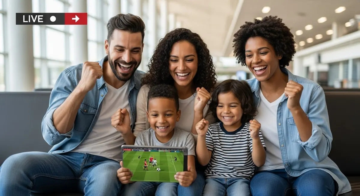 Family watching live sports using IPTV services on a tablet while traveling.