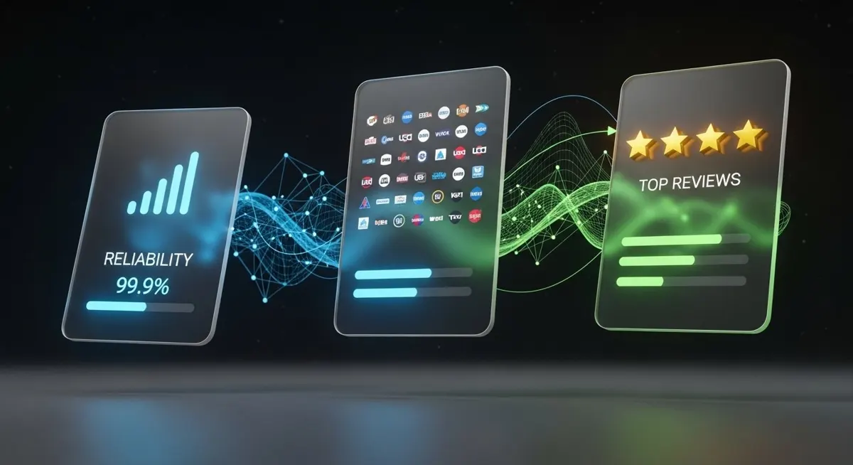 A 3D render illustrating a comparison between multiple IPTV providers, highlighting key decision factors like server reliability, diverse channel selection, and top customer ratings.