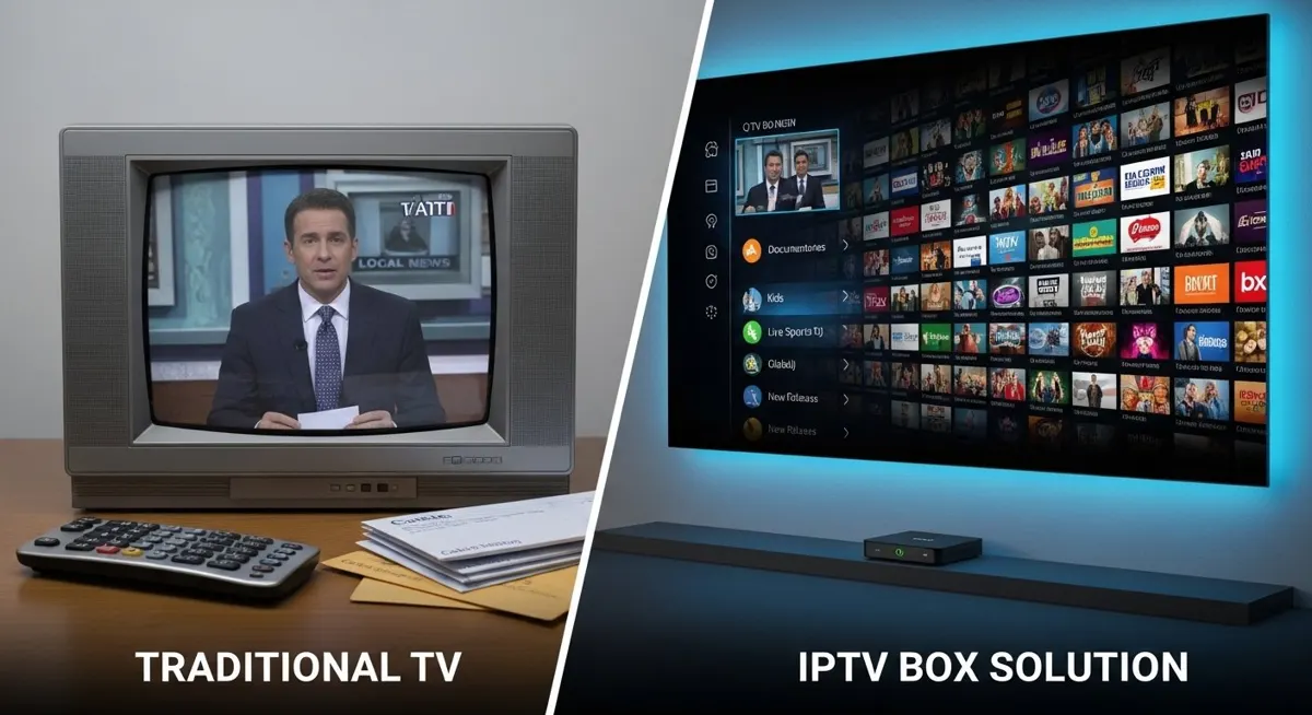 A split-screen comparing a muted, limited traditional TV setup (local news) with a vibrant IPTV setup (infinite menu of global categories).