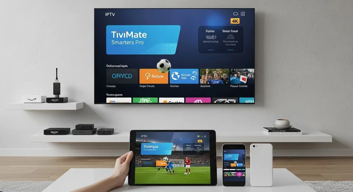 A television, tablet, smartphone, and Amazon Firestick all displaying synced IPTV content, illustrating the best IPTV subscription USA device compatibility.