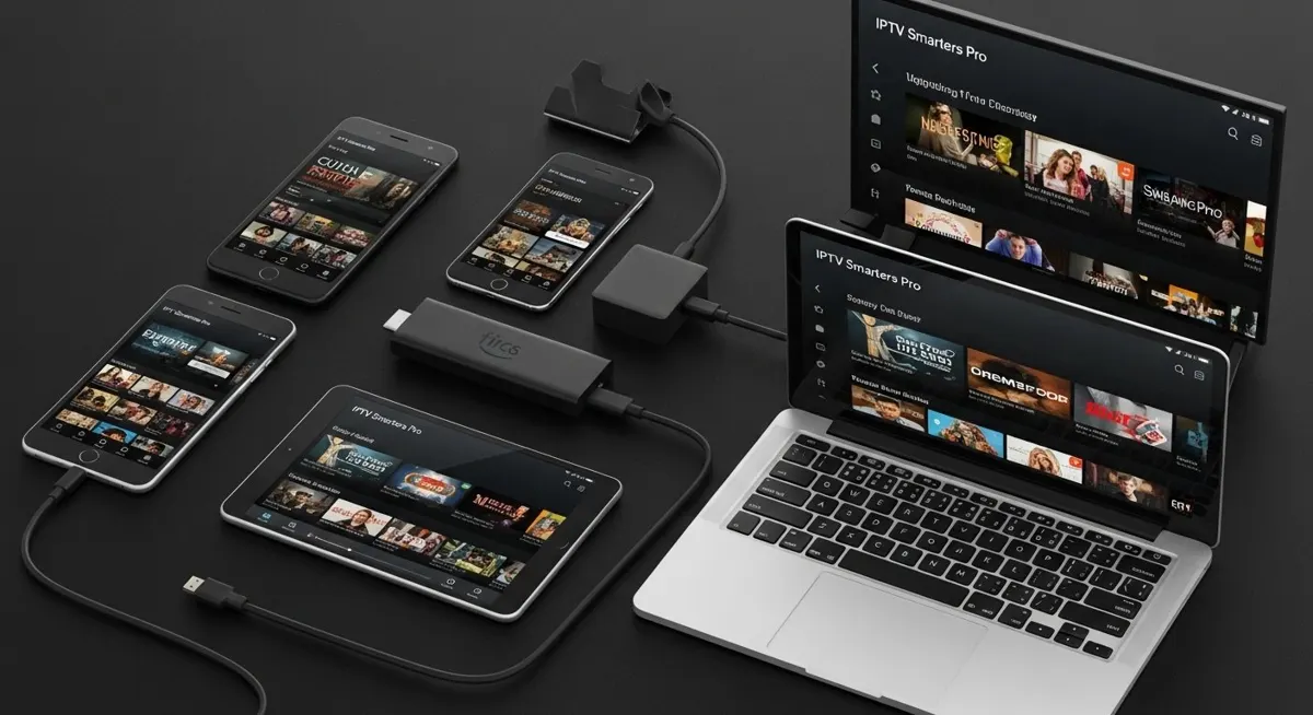IPTV Smarters Pro running on Firestick, Smart TV, mobile, and tablet
