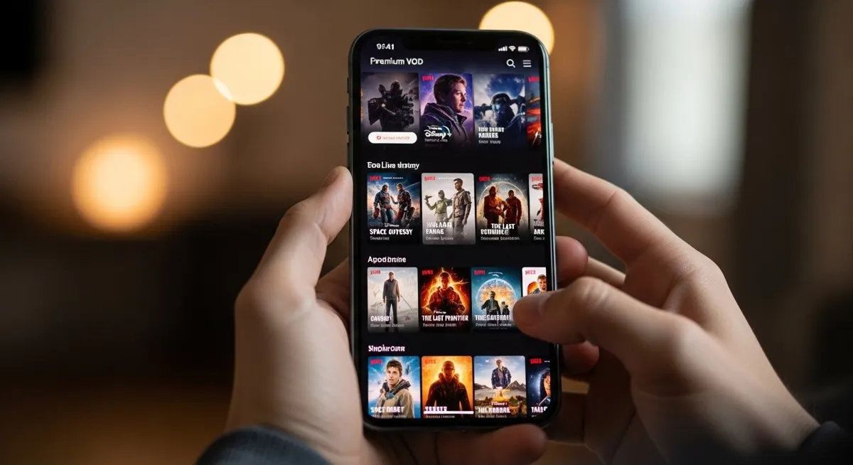 Close-up of a hand holding a smartphone, showcasing a movie library interface on an IPTV-based Video on Demand (VOD) app.
