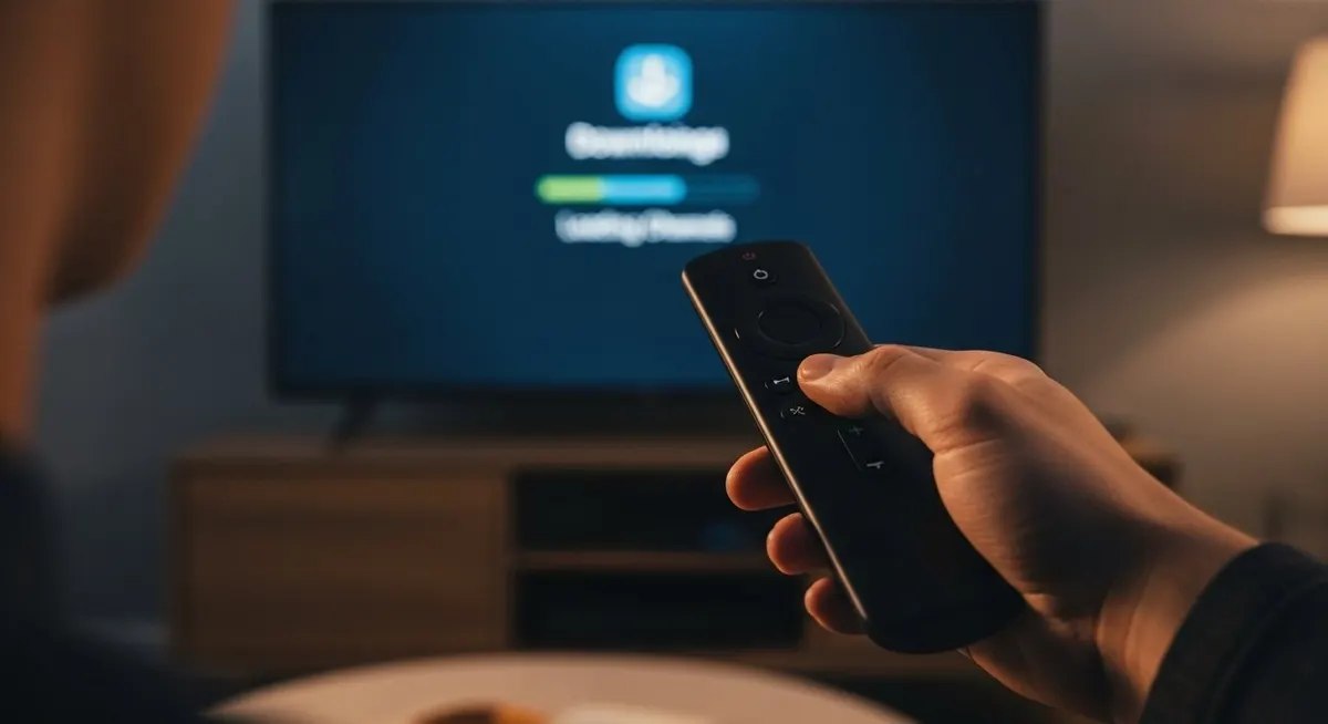 Person holding a remote control pointing at a TV screen, setting up IPTV services on a streaming media device.