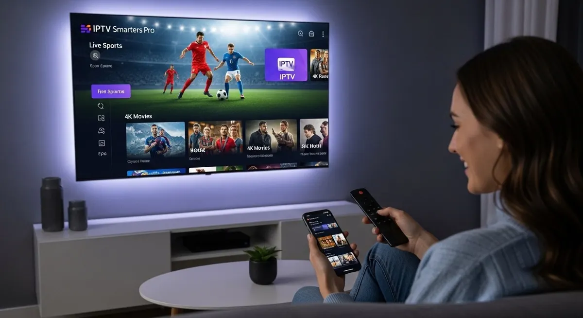 A woman comfortably navigating a vibrant IPTV Smarters user interface on a Smart TV in a modern living room.