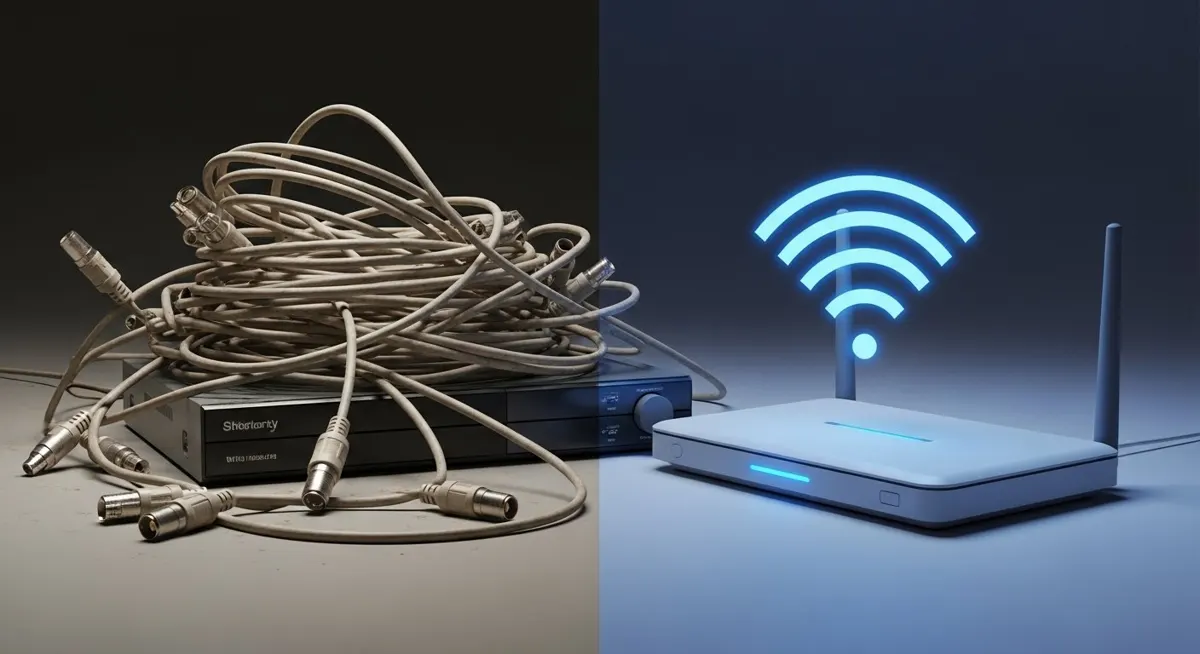 Comparing tangled traditional cable wires with a sleek digital shield representing secure IPTV services