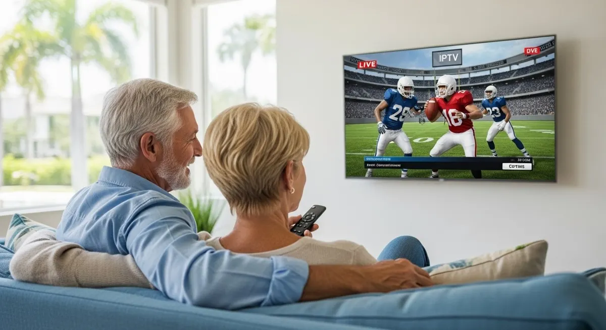 A happy retired American couple in a sunny Florida living room enjoying smooth, live sports streaming on their TV via an IPTV service.