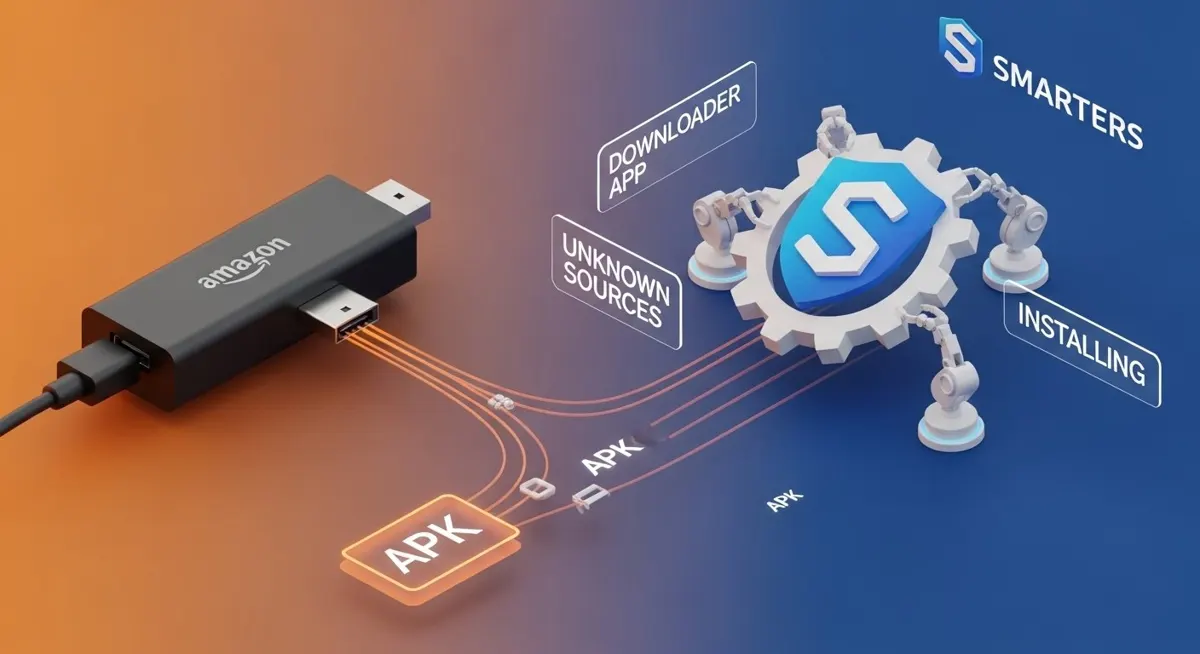 A creative visualization of an Amazon Firestick 4K Max connecting to the IPTV Smarters Pro logo cloud.